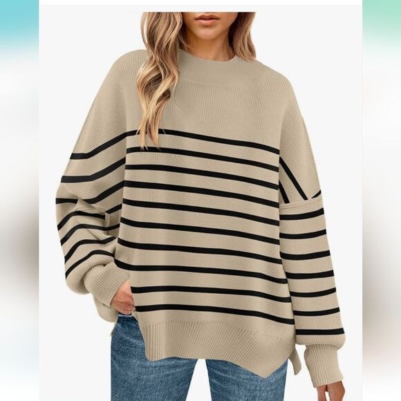 OVSZD Beige Black Striped Sweater Women’s S NWT New in Package Soft Knit Cozy - Picture 3 of 5